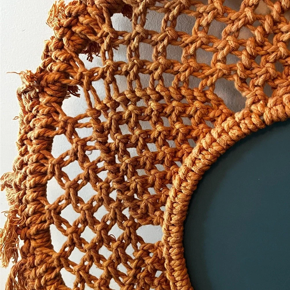 Vintage Boho Macrame Wall Mirror Round Woven Fringe Mirror 21